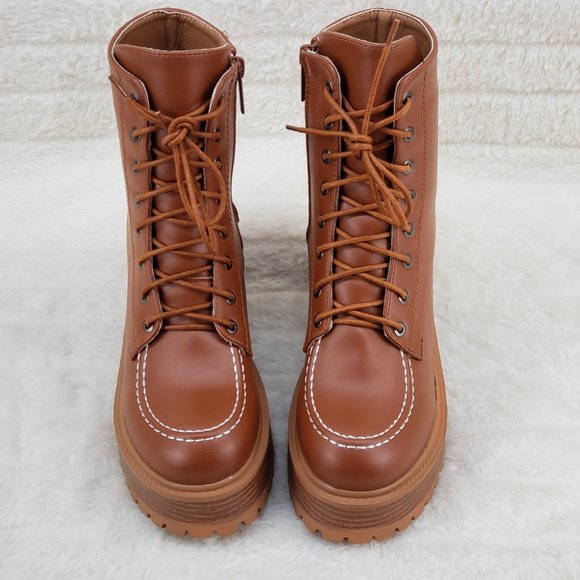 Light Weight Tan Wood Look Chunky Platform Combat Boots Stamp - Picture 6 of 12